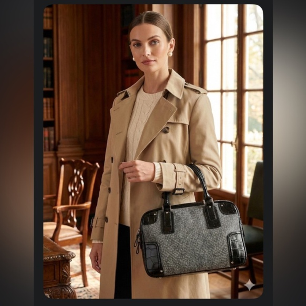 Talbots Grey Tweed & Black Croc Embossed Satchel Doctor Bag Old Money Career